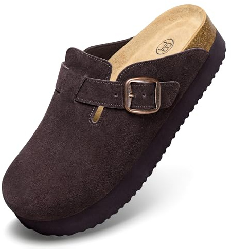 Brelzo Calvior Platform Clogs for Women Arch Support Suede Clogs Soft Mules Potato Shoes Casual Slipper Sandals with Adjustable Buckle, Non-Slip, Dark Brown Size 10 W