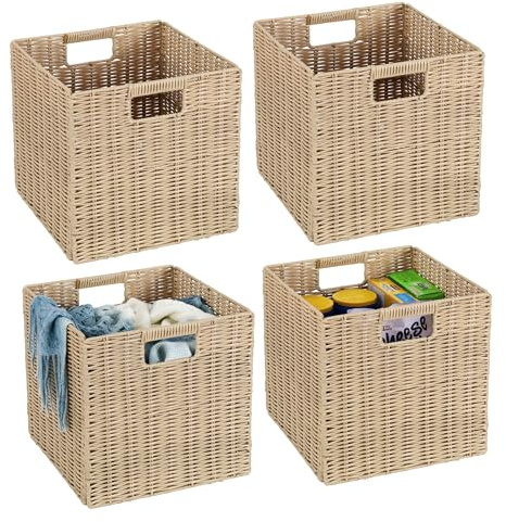 TAIMEI&G02 4er-Set Kallax Expedit Regal Korb/Kallax Korb Geflochten / 30,5 x 30,5 x 30,5H cm/Plastik Regalkorb/Faltkorb Flechtkorb/Regalbox Storage Box/Aufbewahrungskorb Regalkorb Faltbar, Beige