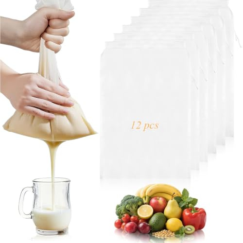 THQAE 12 Pcs Sacchetti Filtranti per Alimenti 20×30cm Sacchetto Filtro in Tessuto di Nylon Riutilizzabili e Lavabili, Colino per Latte di Noci, Formaggio, Succo di Frutta, Caffè, Succo di Verdura