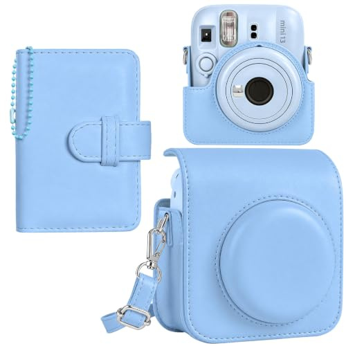 HIQYIN Étui et Album pour Appareil Photo Instax Mini 13, élégant étui de Protection en Cuir PU pour Appareil Photo Fuji Instax Mini 13, livré avec Un Album Photo et Une bandoulière - Bleu