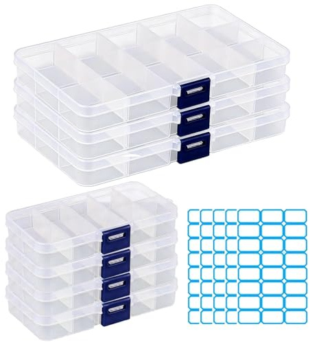 HUILATE 7pcs Storage Box with Dividers, Bead Storag, Plastic Organiser Box 15 Compartments for Crafts Beads Earrings Accessories Comes with Label Stickers