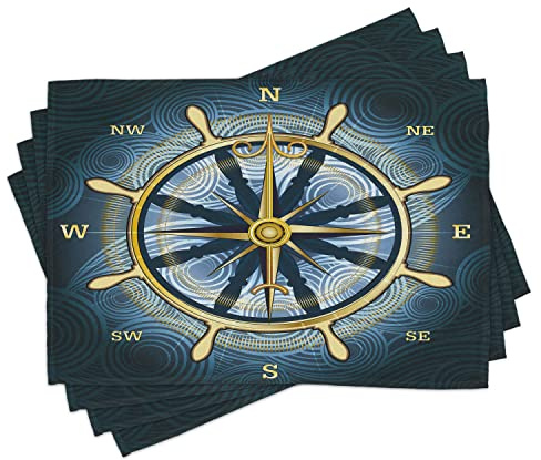 ABAKUHAUS Kompass Platzmatten, Yellow Navigation, Waschbare Stoff Esszimmer Küche Tischdekorations Digitaldruck, Gelb Marineblau