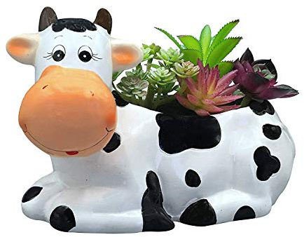 Sixdrop Kuh-Übertopf – 22,9 cm – Kuhdruck Partydekoration – Kuhsachen Garten Hinterhof Blume Keramik Sukkulenten Pflanzgefäß – UFO Kuh Thema Dekoration La Vaca