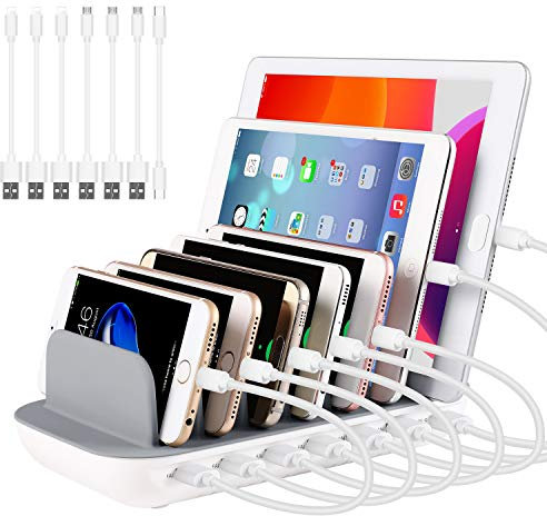 PRITEK Charging Station for Multiple Devices 60W/12A 7 Ports Desktop Charger Station with 6 Ai USB Ports + 1 Type-c Port with 7pcs USB Cables Compatible for most USB Enabled Electronics (White)