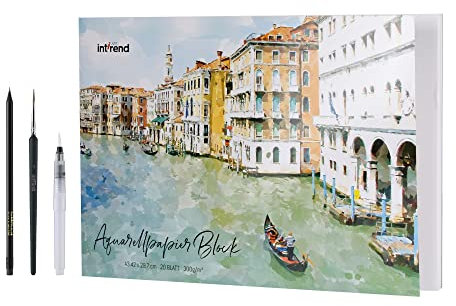 int!rend Aquarellpapier A3 300 g/m² - 20 Seiten - Aquarellblock mit Wassertankpinsel & Bleistift - Aquarell Papier zum Malen, Watercolor Paper