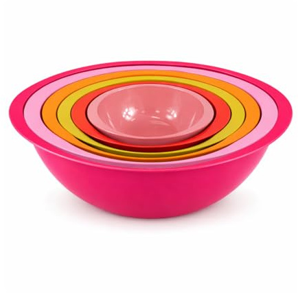 Colourful 6PC Nesting Plastic Mixing Bowls Set with Easy Grip Handles: 5.7L, 3.8L, 2.4L, 1.4L, 710ml & 295ml - Style 5