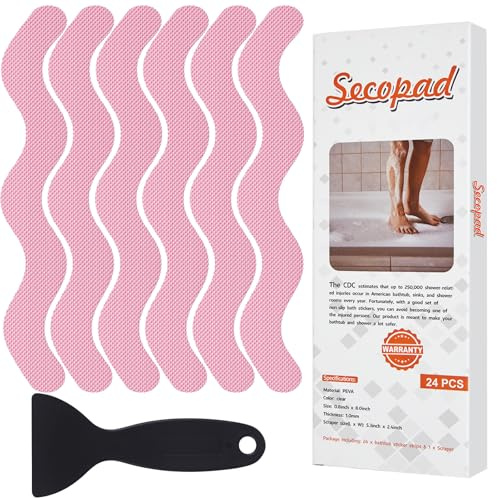 Secopad Anti Slip Shower Stickers, Adhesive Decals Safety Strips with Scraper for Bath Tub, Shower Floor, Stairs, 24 Pieces (Pink)