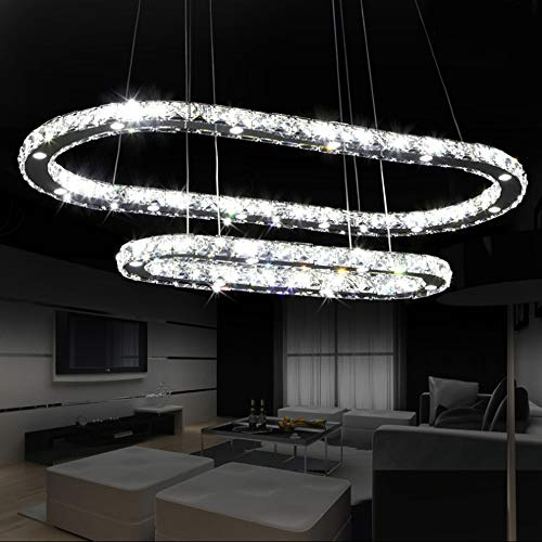 Rund Minimalistisch Pendelleuchte LED Kristall Esszimmer Wohnzimmer Kristallleuchter Dimmbar Modern Kronleuchter Elegante Höhenverstellbar Ring Design, Hängelampe Antik Deckenbeleuchtung, D86+55cm