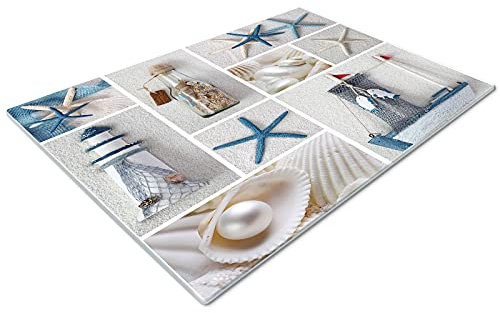 Glass Chopping Board 50 x 40 | Kitchen Worktop Protector | Multifunctional Cutting Board | Work Top Savers | Kitchen Accessories | Extra Large | Blue White Beach Seaside