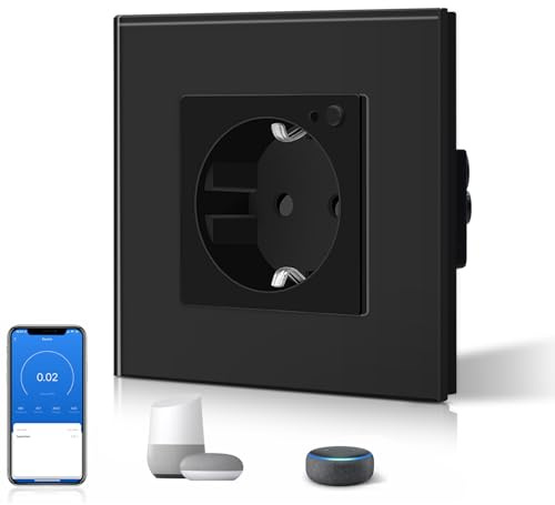 BSEED Schuko Wifi Steckdose Unterputz mit Energieüberwachung 16A Smart Alexa Glassteckdose, APP-Steuerung Arbeit mit Alexa/Google Home Stromverbrauch messen, Zeitpläne, Timer, Nur 2.4 GHz Schawarz