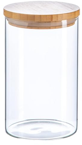 Argon Tableware Scandi Storage Jar with Wooden Lid - 1000ml - 1 Pack - Modern Round Organisation Container Glass Jar for Kitchens, Pantry, Bathrooms, Utility Rooms