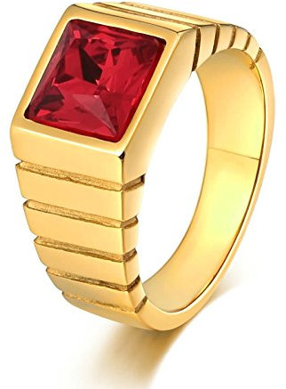 KnSam Herren Ring, Ring Edelstahl Mann Quadrat Aus Edelstahl Siegelring Für Herren Männer Mit Zirkonia Rot Ring Mit Kostenlos Gravur