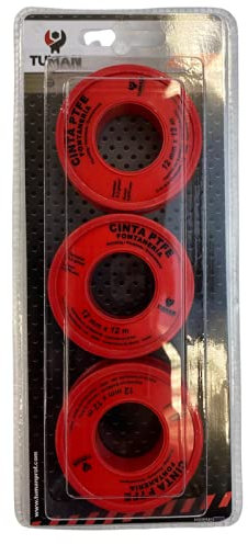 Cinta de PTFE para fontanería, rollo de teflón de 12mt y 12mm, ideal para cualquier rosca de fontanería, densidad 0,3 gr/cm3 y grosor 0,75mm, no inflamable muy elastico. 1 blister x 3 unidades