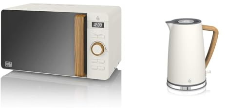 Swan Nordic Micro-ondes numérique 20 L, 6 niveaux de fonctionnement, 800 W puissance & Nordic Bouilloire électrique ultra rapide sans fil Design moderne 1,7 l 2200 W Poignée effet bois Blanc