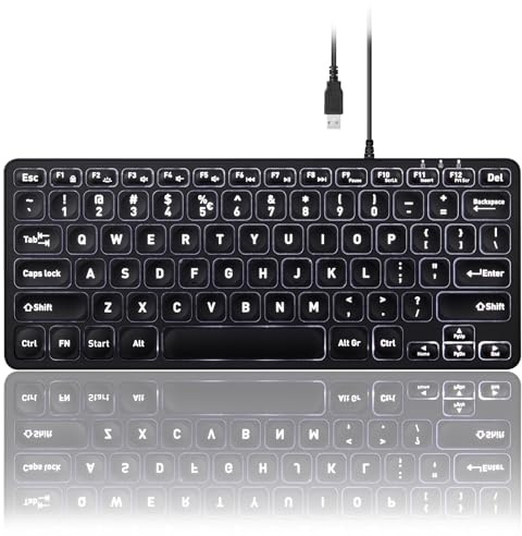 perixx PERIBOARD-332 Wired Backlit USB Keyboard - Mini 11.22x4.57x0.83 Inches - Slim Scissor Keys with Big Font - White Illuminated LED - US English