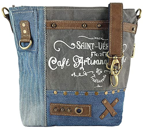 Sunsa Damen Umhängetasche Schultertasche aus Canvas recycelte Jeans & Leder | Mittelgroße Vintage Crossbody Bag. Nachhaltig Jeanstasche. Tasche mit verstellbaren Henkel. Gute Geschenkideen für Frauen