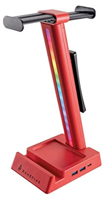 Surefire Vinson N2 Multifunctional Headset Stand, Red, Holder for 2 Gaming Headphones, Headset Stand with RGB Lighting & USB Hub (USB-A + USB-C + 3.5 mm Audio), 28 cm Bracket