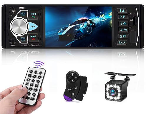 Hikity Radio de Coche Bluetooth 1 DIN con Pantalla Digital TFT de 4,1'' Radio Pantalla 1 DIN con Cámara Trasera Bluetooth Manos Libres FM USB AUX TF SWC