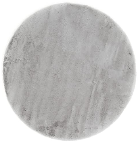 -LUXOR- living Teppich Coste gemütlicher Hochflor Kunstfell Teppich Fellimitat in Schaffelloptik 120 cm rund grau