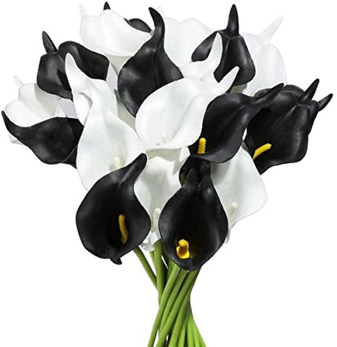 MUNACRAFT 20 Stück Calla-Lilien-Brauthochzeitsstrauß PU-Kunstblumen-Arrangement für Zuhause, Büro, Party-Dekoration (schwarz und weiß)