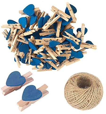25 x blaue Mini-Wäscheklammern aus Holz, mehrfarbig, kleine Wäscheklammern mit Herz, 3 cm Herz-Foto-Clips, kleine Wäscheklammern mit Schnur für Fotos, Basteln, Hochzeit und Babyparty-Dekoration