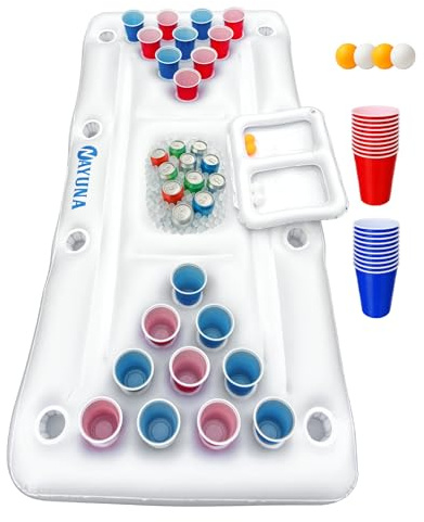 NAYUNA Floaty with Cooler & 20 Party Cups - Inflatable Pool Table Summer Party Pool Games Accessories for Adults 6 Feet Inflatable Pool Lounge Float, 4 Ping Pong Balls, 20 Cups