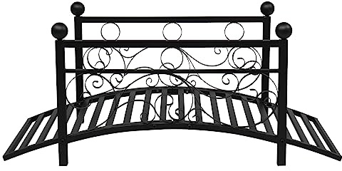 Ynredee Garden Bridge,Metal Arch Backyard Garden Bridge with Safety Siderails,Arch Path Bridge,Ourdoor Decorative Iron Foot Bridge for Pond and Backyard Landscaping (Black with Ball Flat Top)