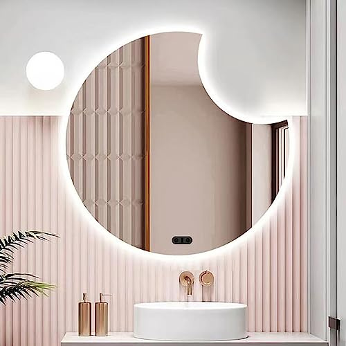 Specchio da Parete A LED A Forma di Mezzaluna Irregolare con Luce, Luce A 3 Colori + Luminosità Regolabile, Specchio da Bagno Asimmetrico Retroilluminato, Specchio di Vanità con Illuminazione HD (Siz