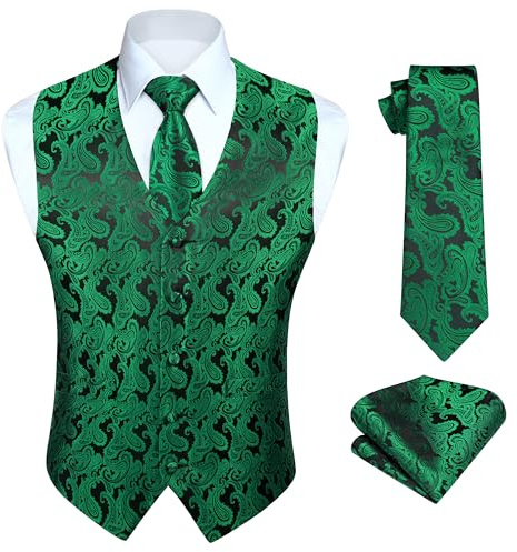 HISDERN Herren FLoral Hochzeit Weste Krawatte Einstecktuch Taschentuch Jacquard Weste Anzug Set