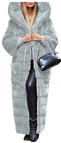 Abrigo largo de piel con capucha para mujer, abrigo cálido de piel sintética, abrigo de color sólido, abrigo de piel gruesa, abrigo de invierno acogedor con bolsillo, gris, XL