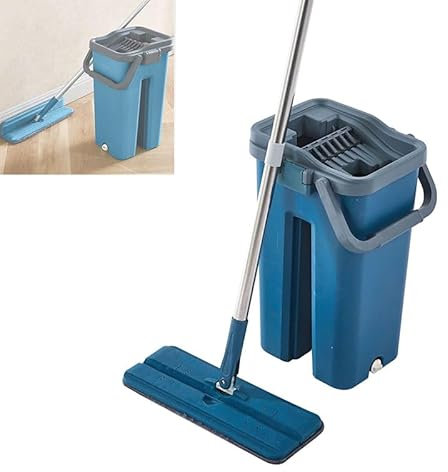 Nexoria Großer Flachmop, Wischmopp Set Mit Eimer 360° Drehbarer Reinigungsmopp 90° Faltbar Wischmopp Mit Auswringfunktion Flacher Mop Und Eimer Set Selbstreinigender Flachmopp Bodenwischer (Blau)