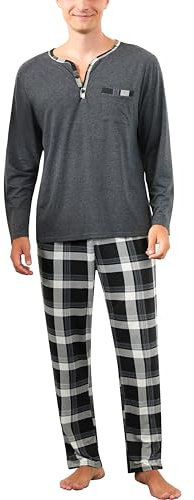 Yukiuiny Pyjama Homme Coton Ensemble Hauts de Pyjama Tee Shirt Manches Longues Col Rond avec Boutons Vêtements d'Intérieur Plaid Carreaux Vêtements de Nuit Grande Taille Douce Confortable M-4XL