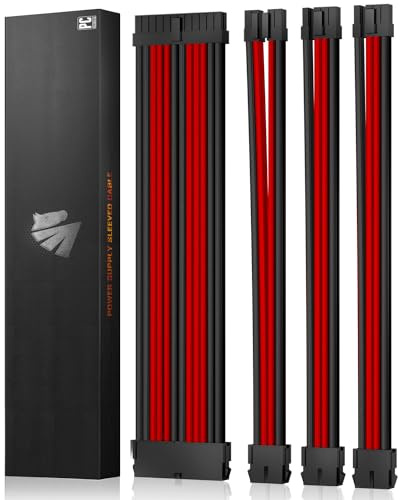 AsiaHorse PSU Kabelverlängerung, PC Sleeved Cable Kit für GPU/CPU, 16AWG Netzteil Cable Extensions mit Kabelkämmen, 24PIN/ (6+2) PIN/ (4+4) PIN Kabelmanagment, 30CM,Rot+Schwarz