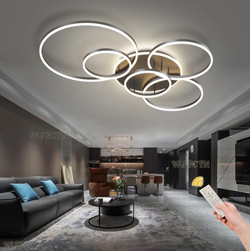LED Dimmbare Deckenleuchte groß Wohnzimmerlampe Schwarz 118W 7600LM Modern 6-Ring Deckenlampe mit Fernbedienung Kreative Metall Acryl Design Beleuchtung für Wohnzimmer Schlafzimmer Esszimmer 120cm