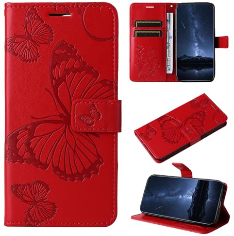 DENDICO Hülle für Huawei Honor Magic5 Pro Hülle, PU Leder Magnetverschluss Flip Handyhülle Schutzhülle mit Standfunktion und Kartenfach für Huawei Honor Magic5 Pro, Rot