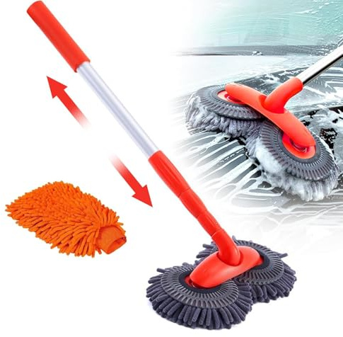 Ousinby Car Wash Brush with Long Handle, Double Head Cleaning Brush Telescopic Rotating Car Wash Mop for SUV, Caravan