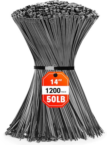 Zip Ties, RAZCC 1200pcs Black Cable Zip Ties 14 Inch, Heavy Duty Plastic Wire Ties with 50lb Tensile Strength, Self-Locking Black Nylon Tie Wraps for Indoor and Outdoor