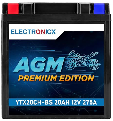 Electronicx AGM Motorradbatterie 12V 20Ah 275A – wartungsfrei, versiegelt, vibrationsfest. Kompakte Bauweise, starke Startkraft, lange Lebensdauer. Perfekte Gel-Alternative für Roller, Quad und ATV.