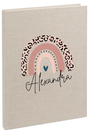 AWASG Notizbuch A5 – Personalisiert mit Name – Notizheft 200 Seiten dotted – Leinencover Grammatur 100g/m² - Regenbogen (beige)