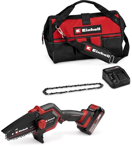 Einhell Tronçonneuse à chaîne sans fil GE-PS 18/15 Li Bag Kit Power X-Change (18 V, Brushless, longueur de coupe 12,5 cm, avec batterie 2,5 Ah, chargeur, chaîne de rechange, sac Einhell 45/29)