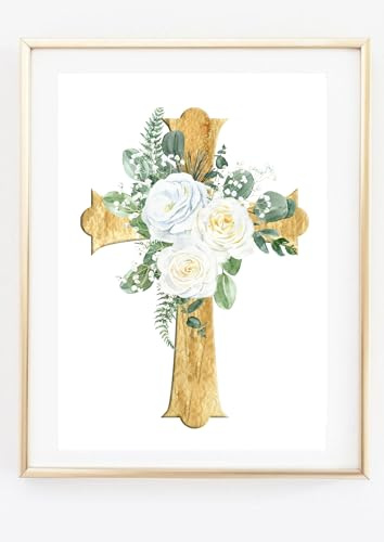 Din A4 Kunstdruck ohne Rahmen - Kreuz mit weißen Rosen Blumen - Kruzifix - Gott Glauben - Christliches Bild - Kirche Religion - Bild Aquarell Druck