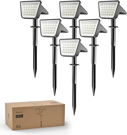 Philips Lot de 6 Projecteurs Spots Lampes Solaires d'Extérieur Étanches, 28 LED 7500K, Éclairage Paysager pour Jardin, Allée et Pelouse, Fonction Crépuscule à l'Aube