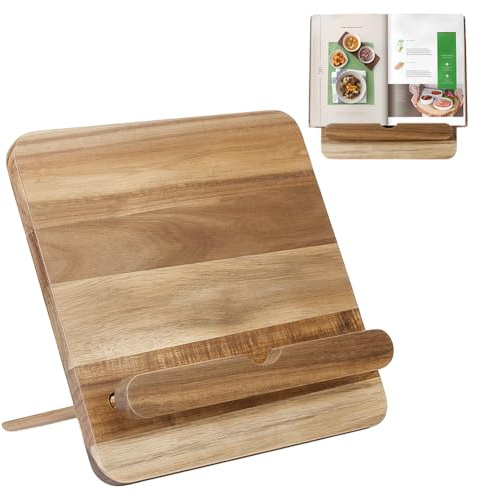 Peacoblue Kochbuchständer aus Akazienholz – Verstellbarer Rezeptständer 25x25 cm mit Tablet-Slot und rutschfester Basis – Stilvoller Buchhalter für Küche, Tablet & Smartphone