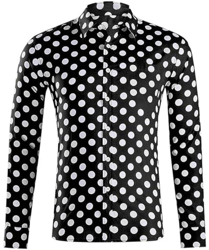 YOSUWOAI Camisa de manga larga para hombre con estampado de lunares, cuello abotonado, corte ajustado, camisa de verano cómoda, transpirable, camisa de ocio con solapa, camisa hawaiana, camisas