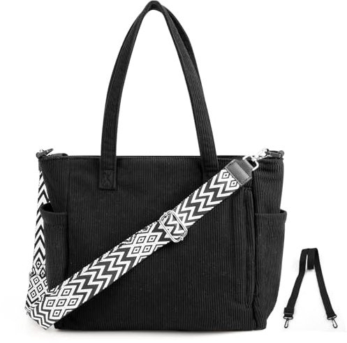 Cozary Shopper Tasche Damen Groß, Handtasche Damen Cord Tasche Tote Bag Cord Beuteltasche Stofftasche Crossbody Bag mit 2 Verstellbarem Schultergurt für Arbeit Reisen Einkaufen Schule College