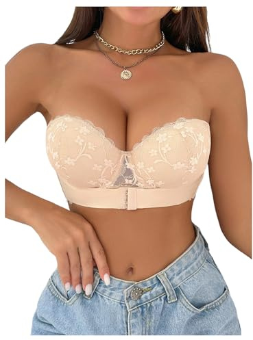 GORGLITTER Women's Push Up Strapless Underwire Scalloped Bra | Front Fastening Bras, Floral Lace Bra, Backless Bra, High Support, Push Up, Bra for Dress, Summer, Wedding