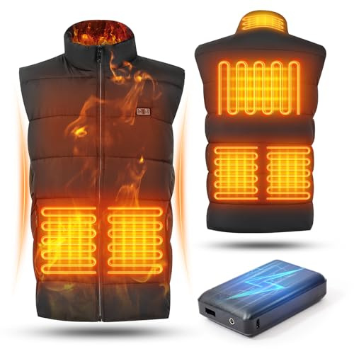 Gilet Riscaldato per Uomo e Donna, Doppi Comandi, 3 Impostazioni di Temperatura e 6 Zone di Riscaldamento, Tessuto Antivento e Impermeabile, Power Bank da 16000 mAh, Adatto per Escursionismo e sci