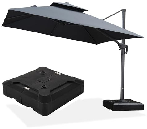 PURPLE LEAF Parasol Déporté 3 x 3 m Toit à Double avec Pied, Parasol De Jardin Extérieur avec Manivelle Améliorée, Mât Élargi et Épaissi, 6 Niveaux D'inclinaison et Rotation à 360°, Gris