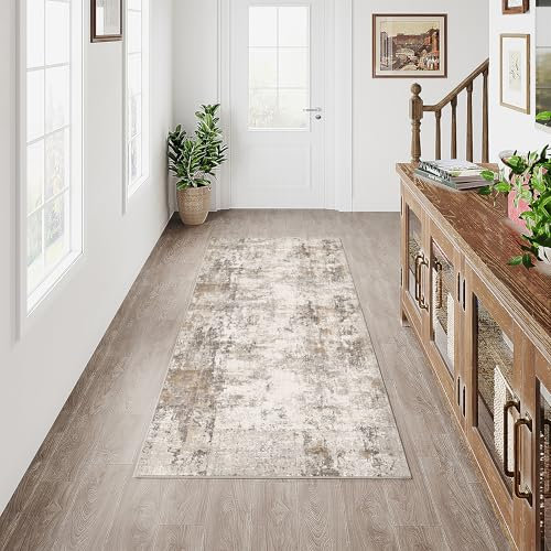 HUGEAR Washable Hallway Runner Rug 60x180cm Grey Brown Non Slip Abstract Natural Neutral Modern Long Carpet Runners Kitchen Bedroom Lounge Bedside Low Pile Carpets