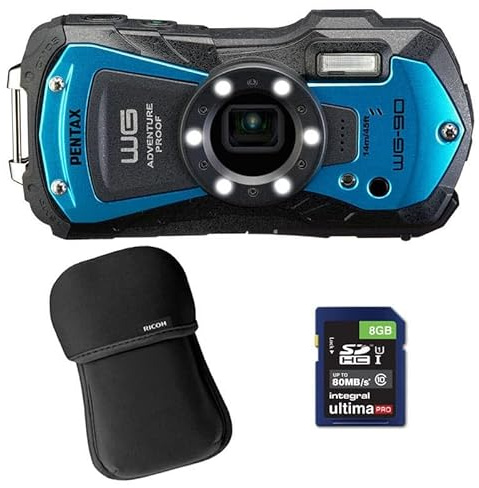 Kit Photo Personnalisé crée à l'aide de PENTAX Compact étanche WG-90 Bleu + Etui + SD